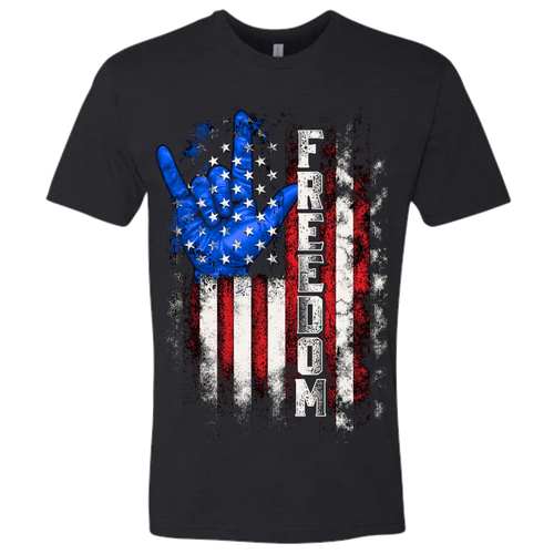 A black t-shirt with a patriotic design of a vertical American flag with red and white horizontal stripes, with a blue ASL "I Love You" signing hand behind a cluster of stars.  The text design says "Freedom" in white.