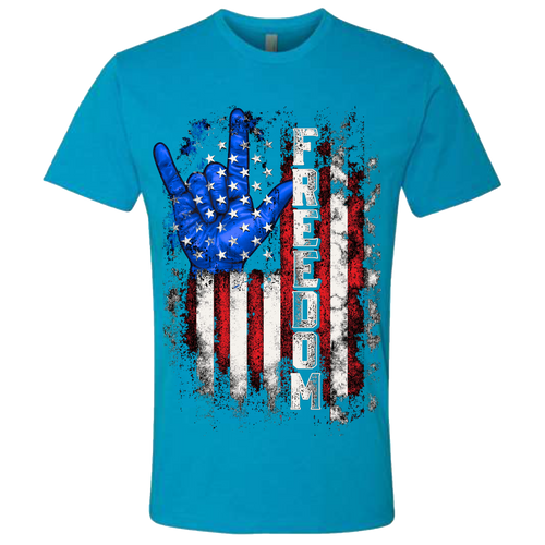 A turquoise blue t-shirt with a patriotic design of a vertical American flag with red and white horizontal stripes, with a blue ASL "I Love You" signing hand behind a cluster of stars.  The text design says "Freedom" in white.