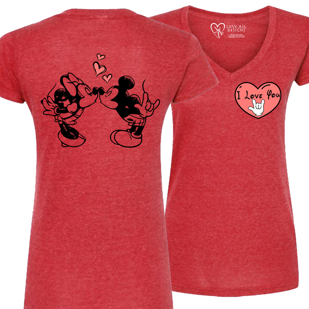 Mickey & Minnie Kissing with Heart V-Neck (WOMEN)