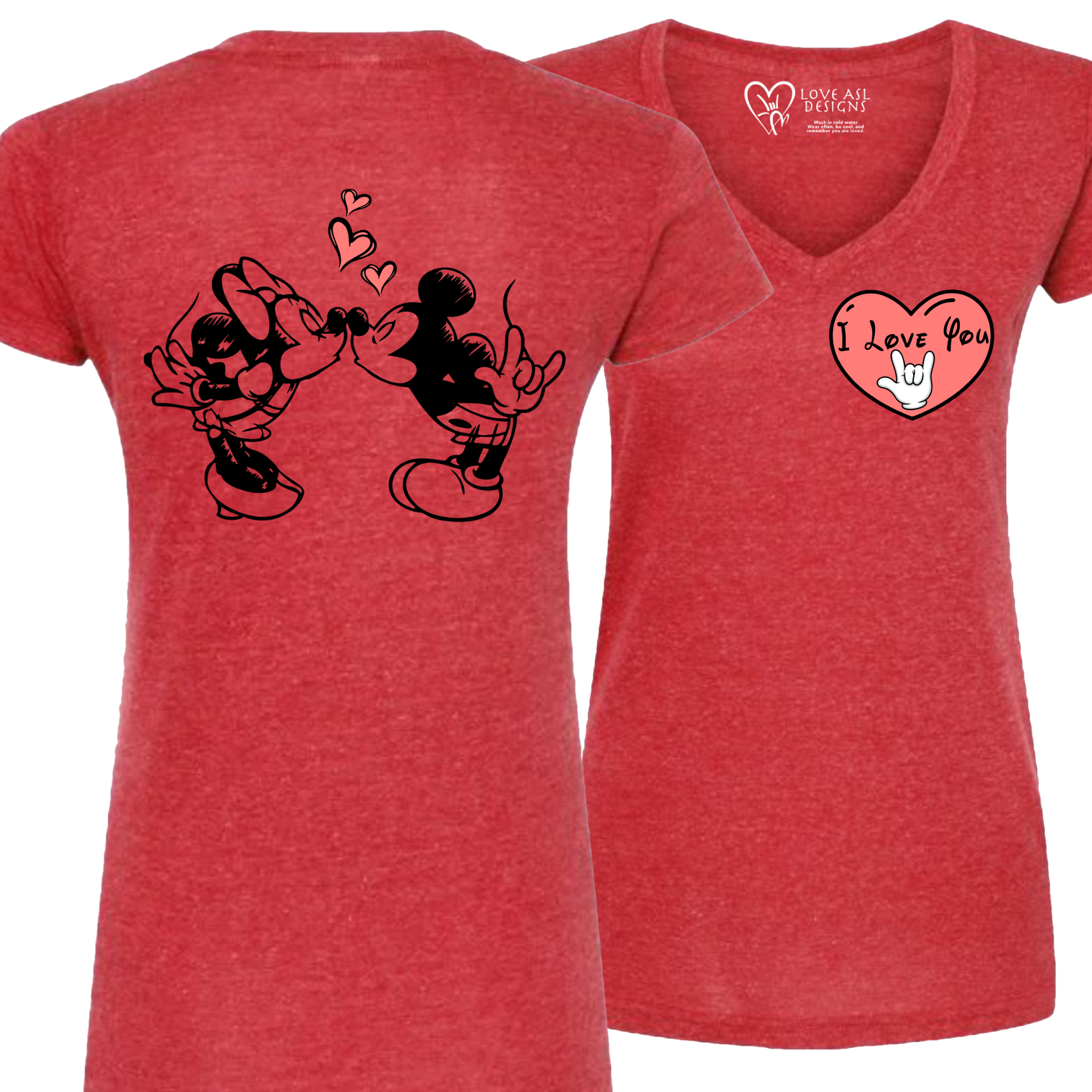 Mickey & Minnie Kissing with Heart V-Neck (WOMEN)