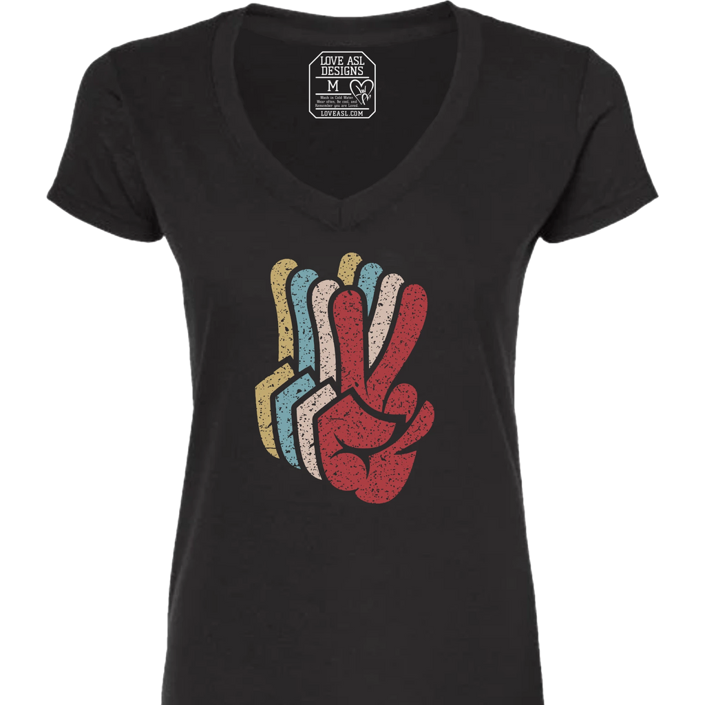 Peace SIgn Hands Layered V-Neck T-Shirt (WOMEN)